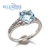 14K White Gold Aquamarine and Diamond Ring- Size 7