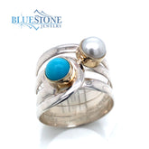 Silver & Gold Ring with Turquoise and Pearl- Ring size 9