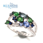 14K White Gold Ring with Sapphires, Tsavorite Garnets and Diamonds
