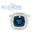 14kt White Gold Ring with London Blue Topaz and Diamonds- Size 7