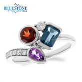 14kt White Gold Ring with Garnet, Topaz and Amethyst- Size 7