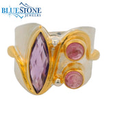 Silver & Gold Amethyst and Pink Tourmaline Ring- Size 7