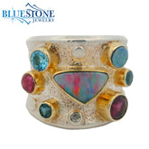 Silver & Gold Ring with Opal, Topaz, Tourmaline and Garnet- Size 7