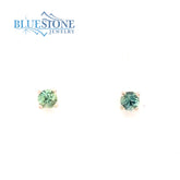 14 Karat White Gold Stud Earrings with 3.5mm Round Teal Blue/Green Sapphires.