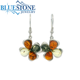 Silver Clover Earrings with Baltic Amber