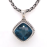 Large Sterling Silver Pendant with One Square Cushion Cut London Blue