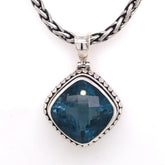 Large Sterling Silver Pendant with One Square Cushion Cut London Blue