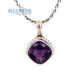 Sterling Silver Pendant with One Medium Square Cushion Cut Amethyst on