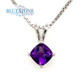 14 Karat White Gold Pendant with One 6mm Cushion Cut Amethyst.
Chain