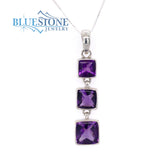 Sterling Silver Rhodium Plated Pendant Featuring Three Square Cut Amet