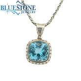 Large Sterling Silver Dot Pendant with One Square Cushion Cut Blue Top