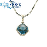 Small Sterling Silver Pendant with One Square Cushion Cut London Blue
