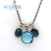 Three London Blue Topaz Pendants Round and Square Cut on 17 inch Chain