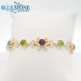Two-Tone Bracelet w/ Amethyst, Peridots, Blue Topazes and Pearls -7.5"