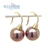 14 Karat Yellow Gold Wire Earrings with Two 12mm Wide Rose Toned Cultu