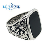 Sterling Silver & Black Oil Men's Ring w/ Black Agate. -Size 10