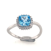 14K White Gold Ring Swiss Blue Topaz & Diamonds(size 6)