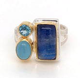 Silver & Gold Ring w/Moonstone, Topaz & Agate- Size 7
