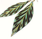 Gabriella Leather Feather Earrings with Gold & Teal design on Black Le