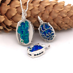 Medium Silver Lake Tahoe/Bear Reversable Pendant with Lab-Grown Opal
