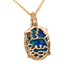 Small 14kt Yellow Gold Plated Lake Tahoe/Bear Reversible Pendant with Lab-Grown Opal