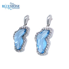 Small 14 Karat White Gold Lake Tahoe Outline Earrings with Two Lab Created Hydro Blue Topaz