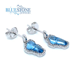 Small 14 Karat White Gold Lake Tahoe Outline Earrings with Two Lab Created Hydro Blue Topaz