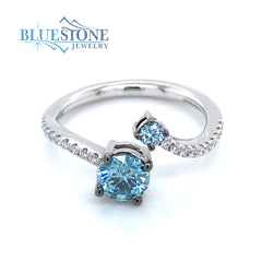 14kt White Gold Ring with Blue and White Diamonds- Size 7