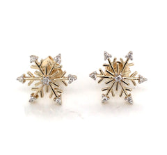 14 Karat Yellow Gold Snowflake Stud Earrings with Diamonds