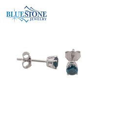 14 Karat White Gold 4 Prong Stud Earrings w/ Blue Diamonds at 0.50cttw