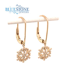 14 Karat Yellow Gold Snowflake Lever Back Earrings with Round Diamonds