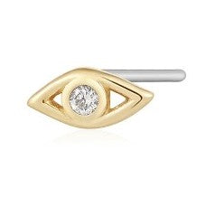 14K Yellow Gold Flat Back Single 'Evil Eye' Stud Earring with Diamond