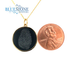 SAMPLE OF our 14 Karat Yellow Gold Pendant with a 17mm Round Black Dia
