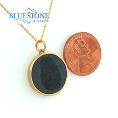 SAMPLE OF our 14 Karat Yellow Gold Pendant with a 17mm Round Black Dia