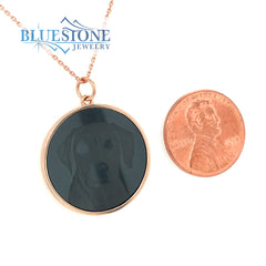 SAMPLE of our 14 Karat Rose Gold Pendant with a 21mm Round Black Diamo