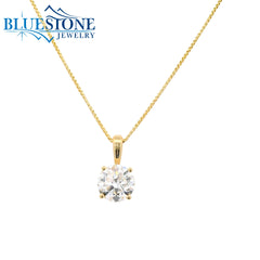 14 Karat Yellow Gold Solitaire Pendant with a 7.5mm Round 1.50 Carat Lab-Grown Diamond.