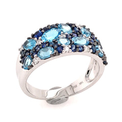 14KWG Ring w/ Assorted Blue Topazes & Diamonds - Sz 7.75