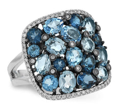 14KWG Ring w/ Assorted Blue Topazes & Diamonds - Sz 6.5
