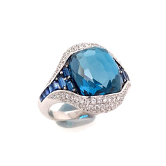 14KWG Ring w/ London Topaz, Sapphires and Diamonds - Sz 6.25