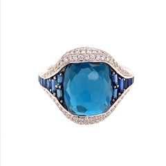14KWG Ring w/ London Topaz, Sapphires and Diamonds - Sz 6.25