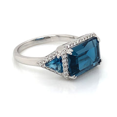 14 Karat White Gold London Blue Topaz and Diamond Ring- size 6.25