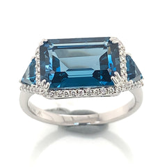 14 Karat White Gold London Blue Topaz and Diamond Ring- size 6.25