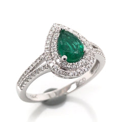 14K White Gold Band with Emerald and Diamonds- Size 7