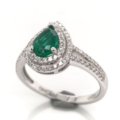 14K White Gold Band with Emerald and Diamonds- Size 7
