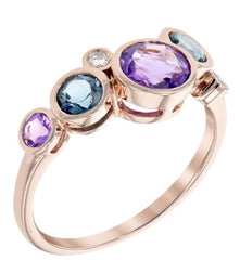 14K Rose Gold Ring with Amethyst, Topaz and Diamonds- Size 7