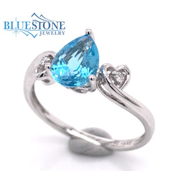 14K White Gold Blue Topaz Ring w/ Diamonds- Size 7