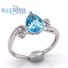 14K White Gold Blue Topaz Ring w/ Diamonds- Size 7