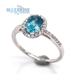 14 Karat White Gold Blue Zircon and Diamond Ring
