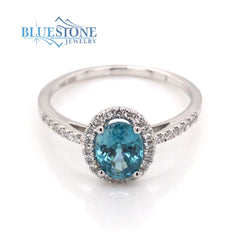 14 Karat White Gold Blue Zircon and Diamond Ring