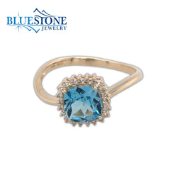 14K Yellow Gold Ring Swiss Blue Topaz & Diamonds(Size 7.5)